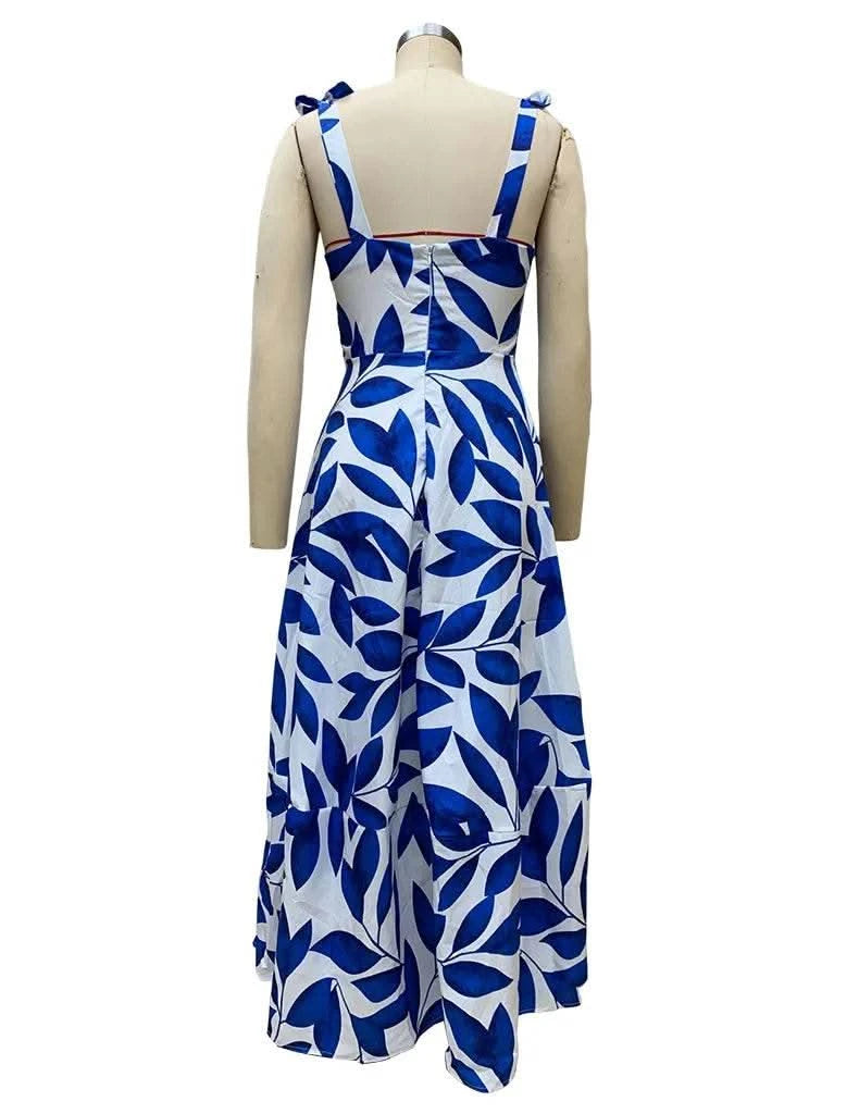 BAMBOOBOY Summer Print Long Dress Women Clothing Lace Up Party Dresses Pattern Spaghetti Strap Ladies V-Neck Beach Sundress - M & M Global