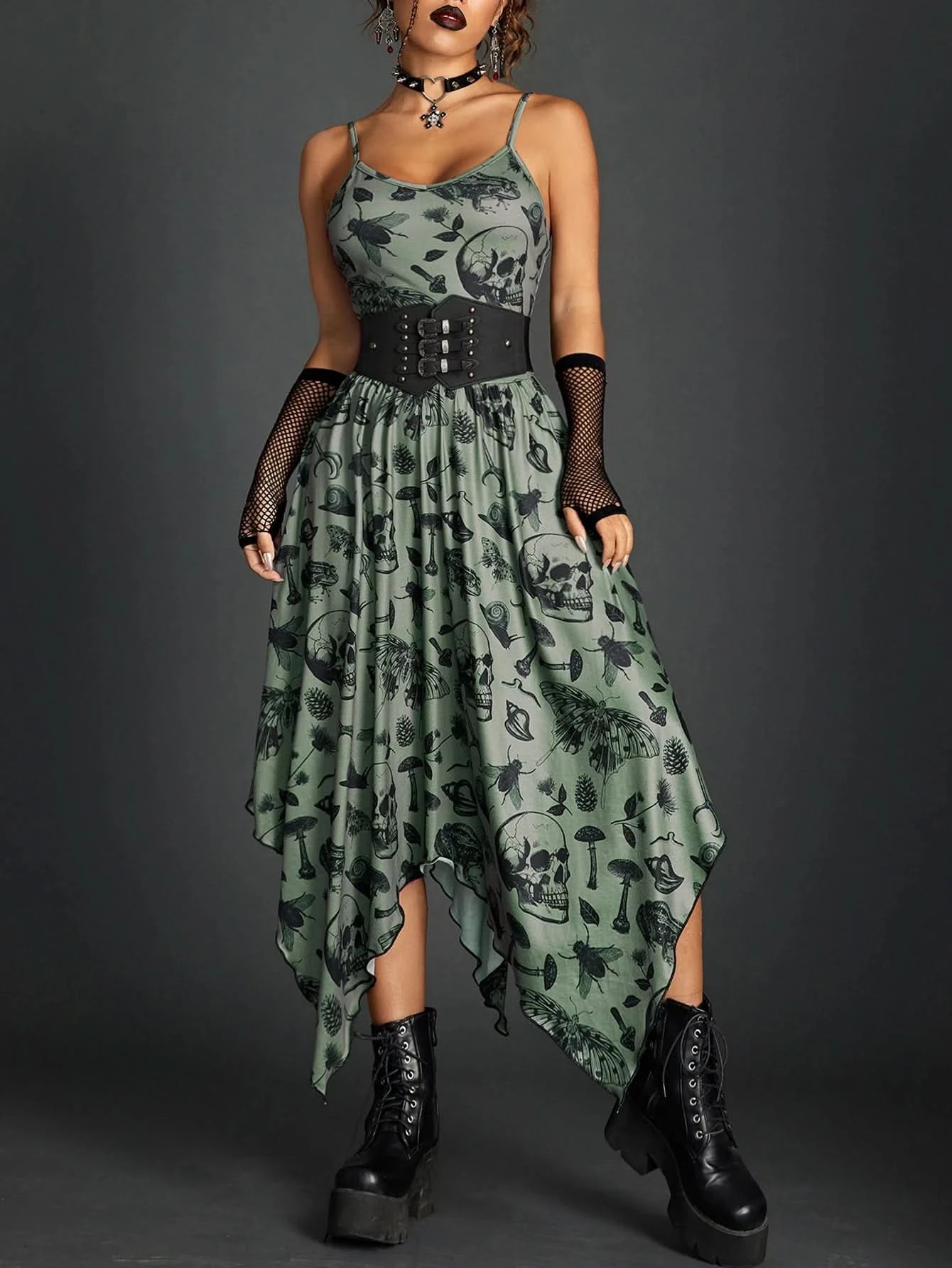 Goth Dark Fairy Grunge Y2k Aesthetic Skull Graphic Dresses Mall Gothic Shirring Lace Up Long Dress Punk A-line Slim Emo Clothing - M & M Global