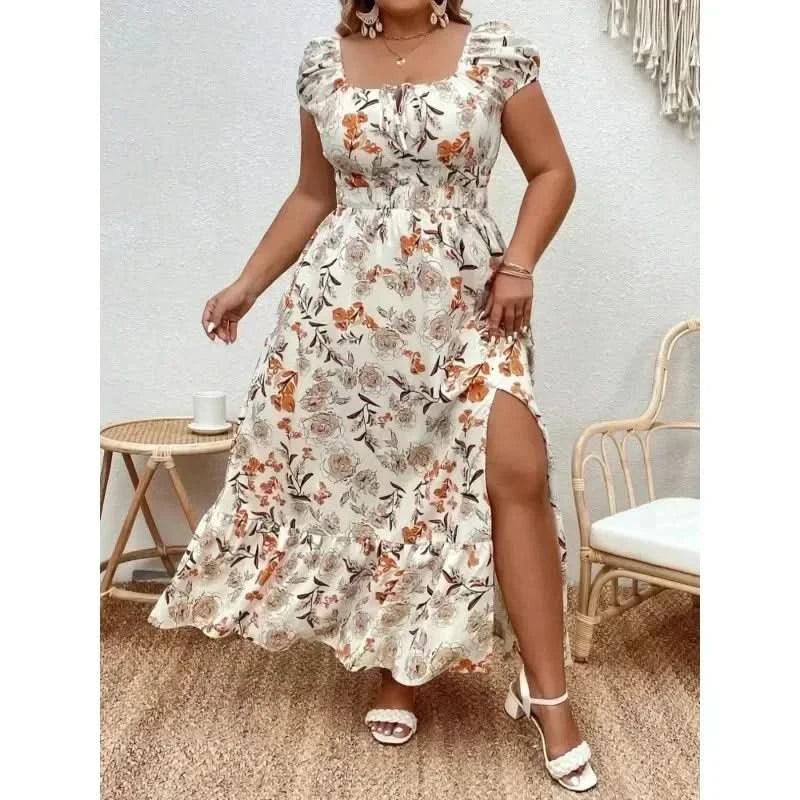 Plus Size Women 1XL-5XL  Suitable for Outdoor Flower Casual Long Party Dress Women Fashion Print Loose Summer Dress - M & M Global