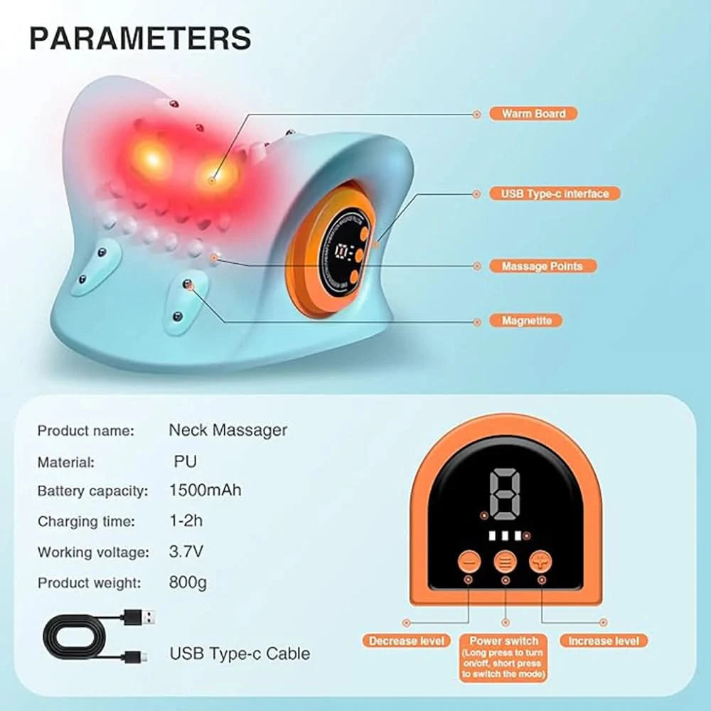 Portable EMS Neck Massager With Heat Low-Frequency Pulse Neck Cervical Spine Traction Relaxer Massage Pillow With Remote Control - M & M Global