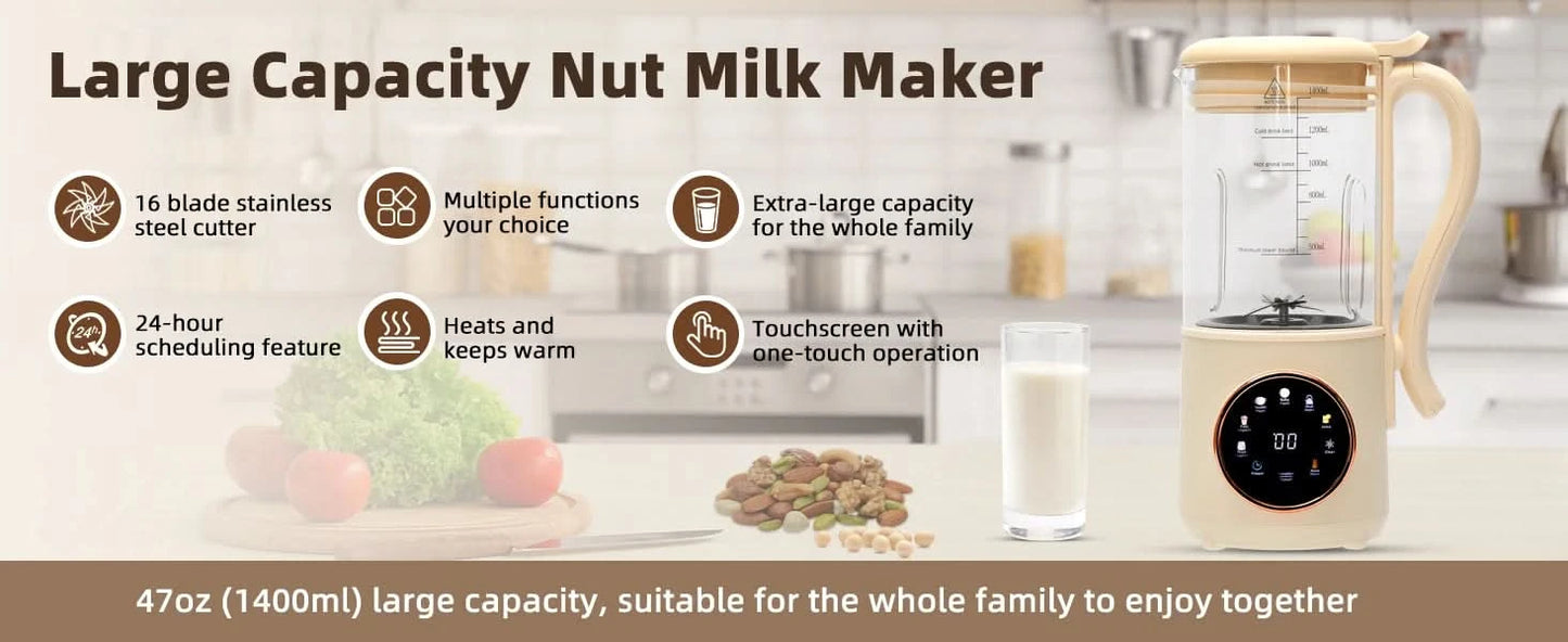 9 in 1 Automatic Soy Milk Maker, 47oz (1400ml) Nut Milk Maker, with Self-Cleaning, 16 Blades Makes Almond Milk, Oat Milk, Plant - M & M Global