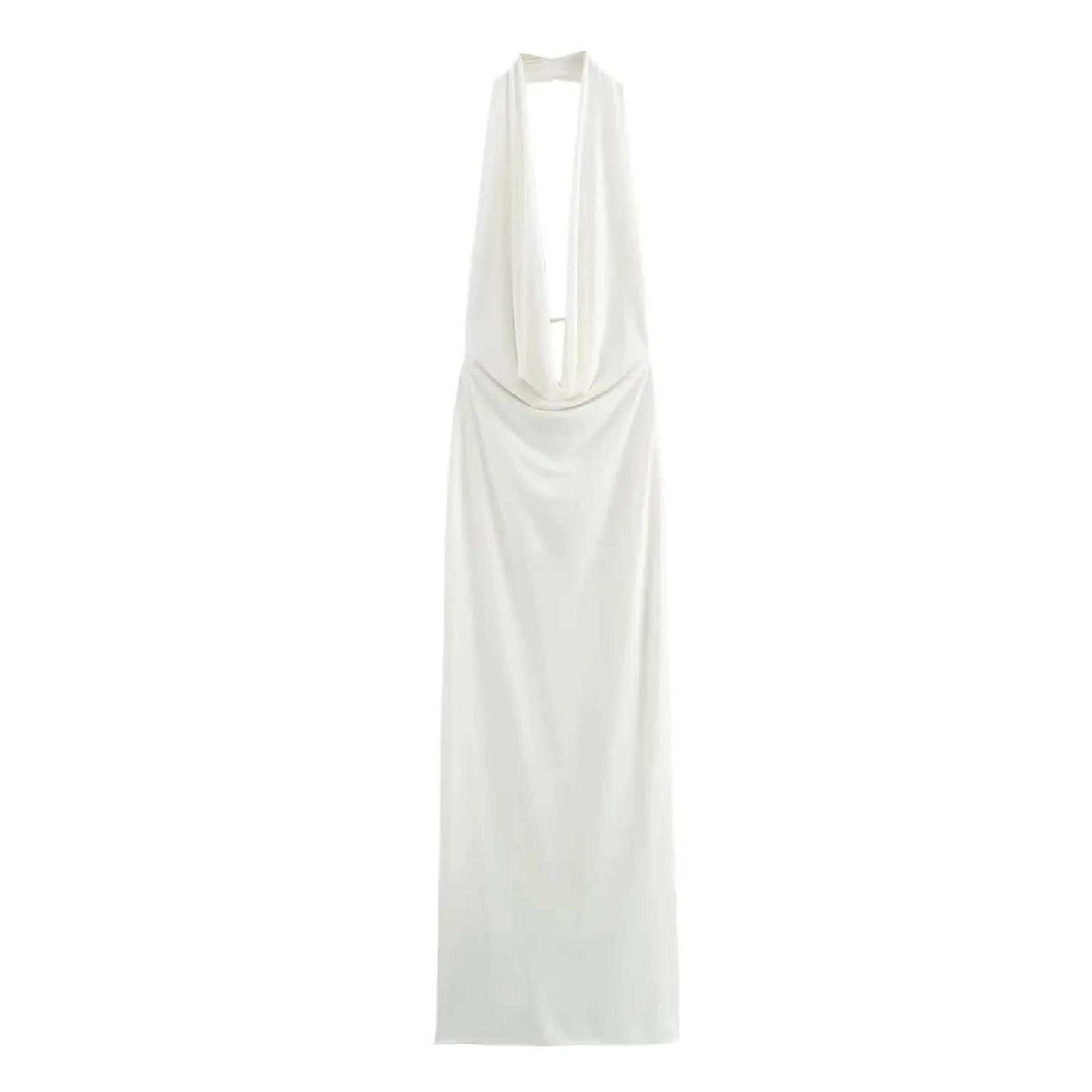 TRAFZA 2024 Woman Halter Off Shoulder Backless Long Dress Female Folded Decoration Hanging Neck V-neck Open Back Evening Dress - M & M Global