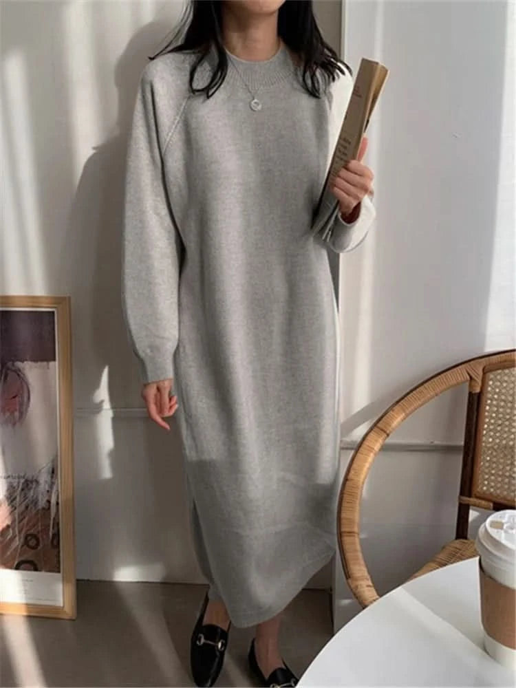 REALEFT Autumn Winter 2023 New O-Neck Casual Loose Knitted Dress Female Straight Long Sleeve Oversize Sweater Womens Long Dress - M & M Global
