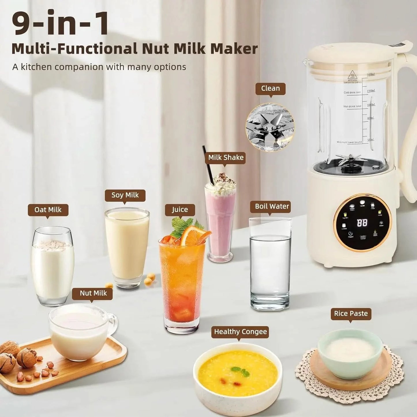 9 in 1 Automatic Soy Milk Maker, 47oz (1400ml) Nut Milk Maker, with Self-Cleaning, 16 Blades Makes Almond Milk, Oat Milk, Plant - M & M Global