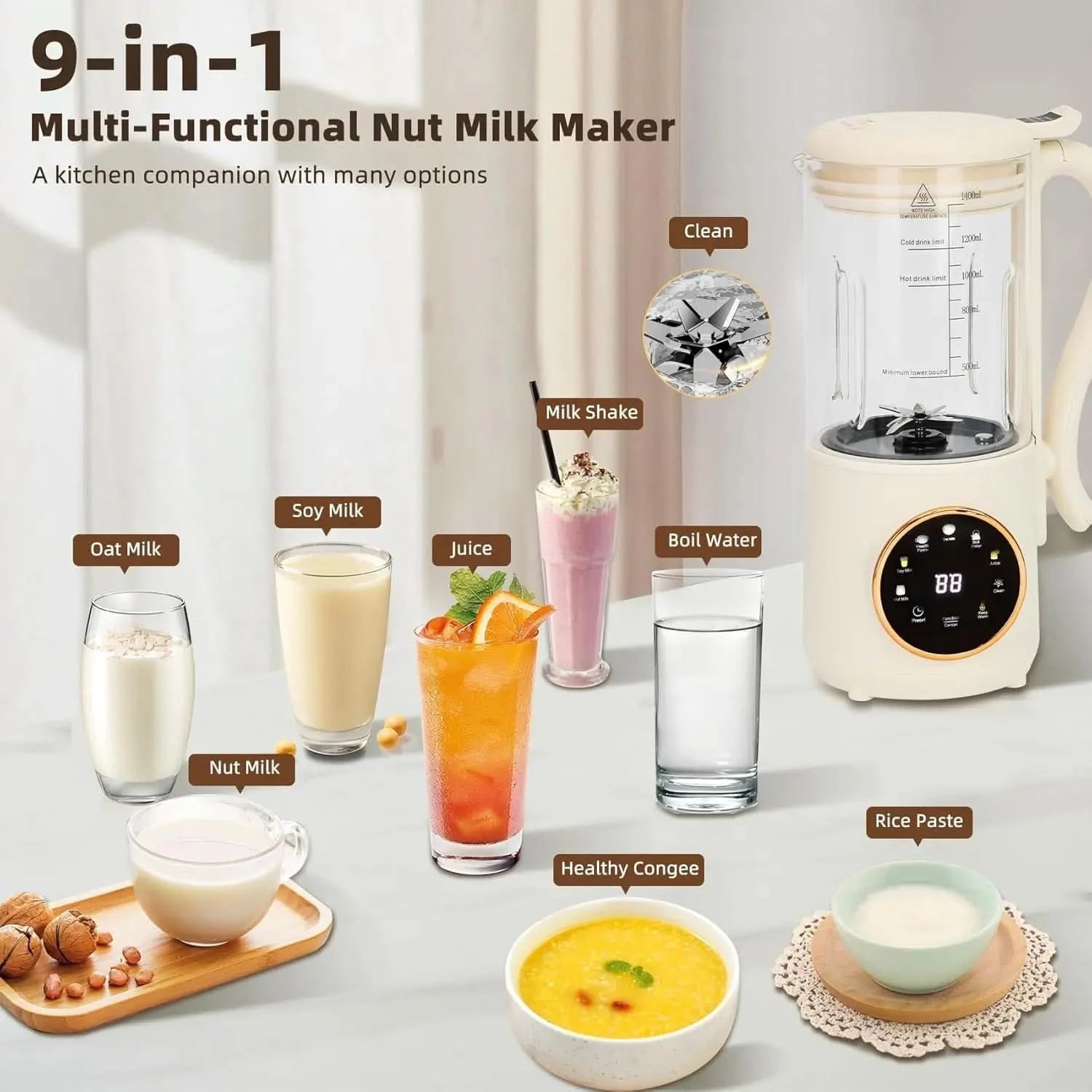 9 in 1 Automatic Soy Milk Maker, 47oz (1400ml) Nut Milk Maker, with Self-Cleaning, 16 Blades Makes Almond Milk, Oat Milk, Plant - M & M Global
