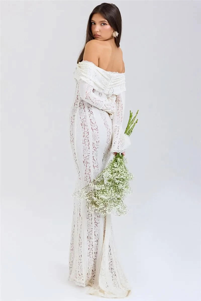 Mozision Floral Lace Off-shoulder Maxi Dress For Women White Strapless Backless Long Sleeve Bodycon Club Party Sexy Long Dress - M & M Global