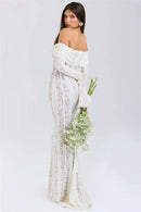 Mozision Floral Lace Off-shoulder Maxi Dress For Women White Strapless Backless Long Sleeve Bodycon Club Party Sexy Long Dress - M & M Global