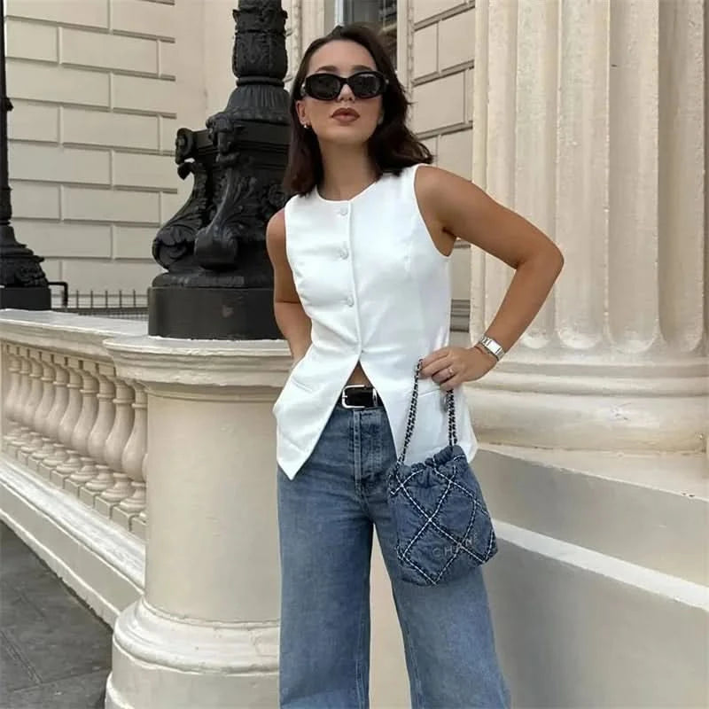 TRAF 2024 White Sleeveless Vest Women Button Summer Vests for Women Jackets Pink Vest Top Women Streetwear Women's Tailored Vest - M & M Global