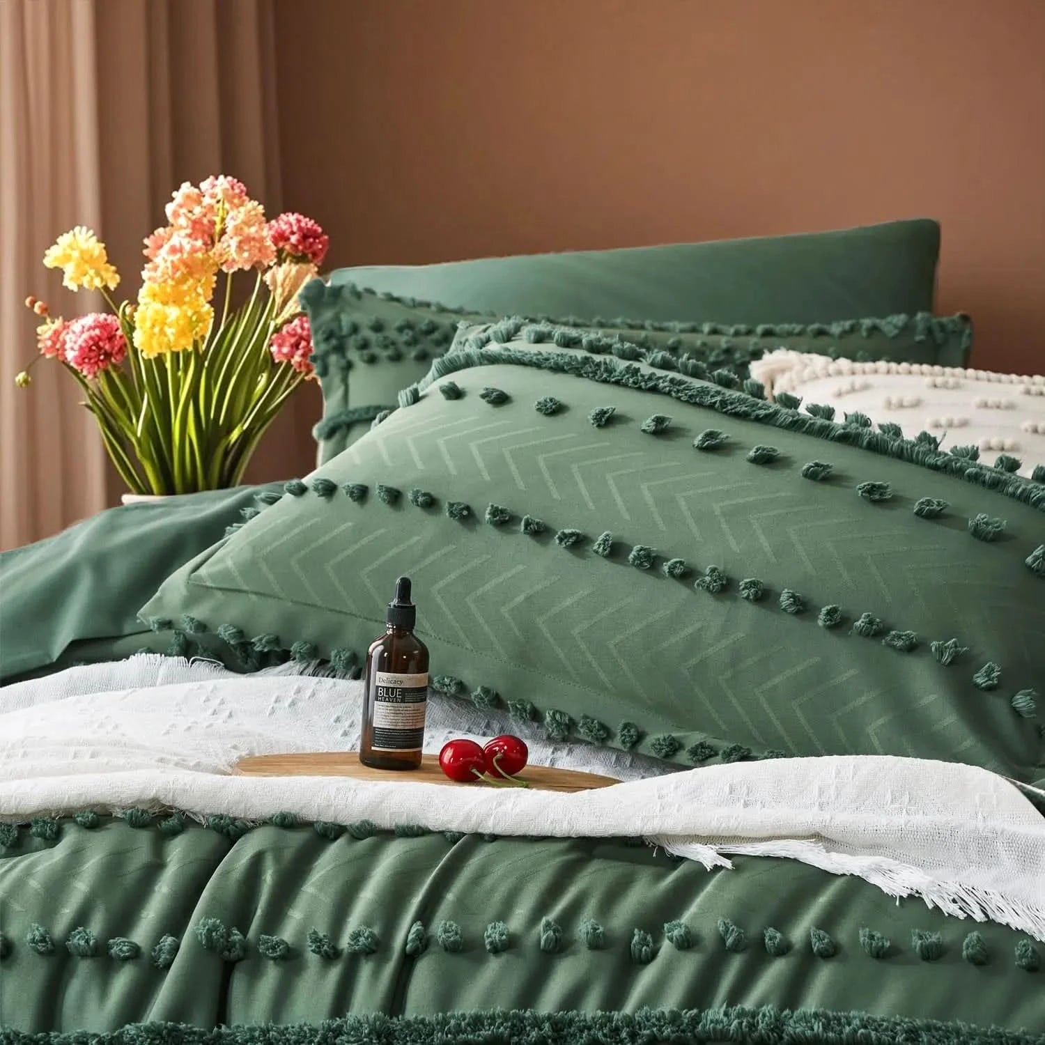Green textured bedding with a bottle and fruits on a wooden tray, against a brown wall.
Queen size bedding set

Tufted comforter set

Microfiber bed set

Luxury bedding gift

All-season quilt set

Soft and cozy bed set

Hypoallergenic bedding

Easy care bedding

Full queen bed ensemble