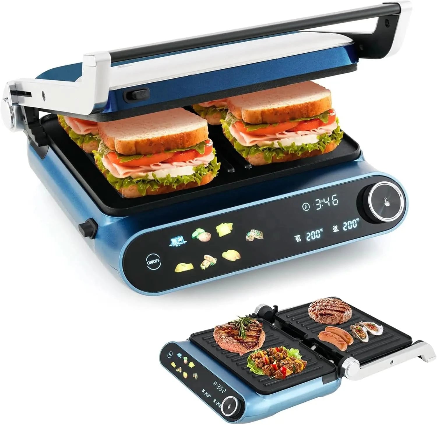 Panini Press Sandwich Maker, Electric Indoor Grill with 2 Removable & Dishwasher Safe Non-Stick Plates, Drip Tray, LED Display, - M & M Global