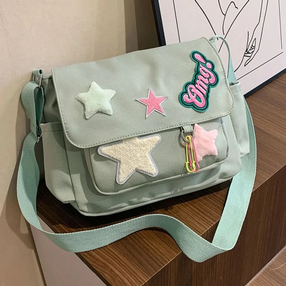Women Cute Messenger Bag Large Capacity Canvas Student School Bag Star Letter Applique Candy Color Leisure Travel Outdoor Bag - M & M Global