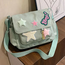 Women Cute Messenger Bag Large Capacity Canvas Student School Bag Star Letter Applique Candy Color Leisure Travel Outdoor Bag - M & M Global