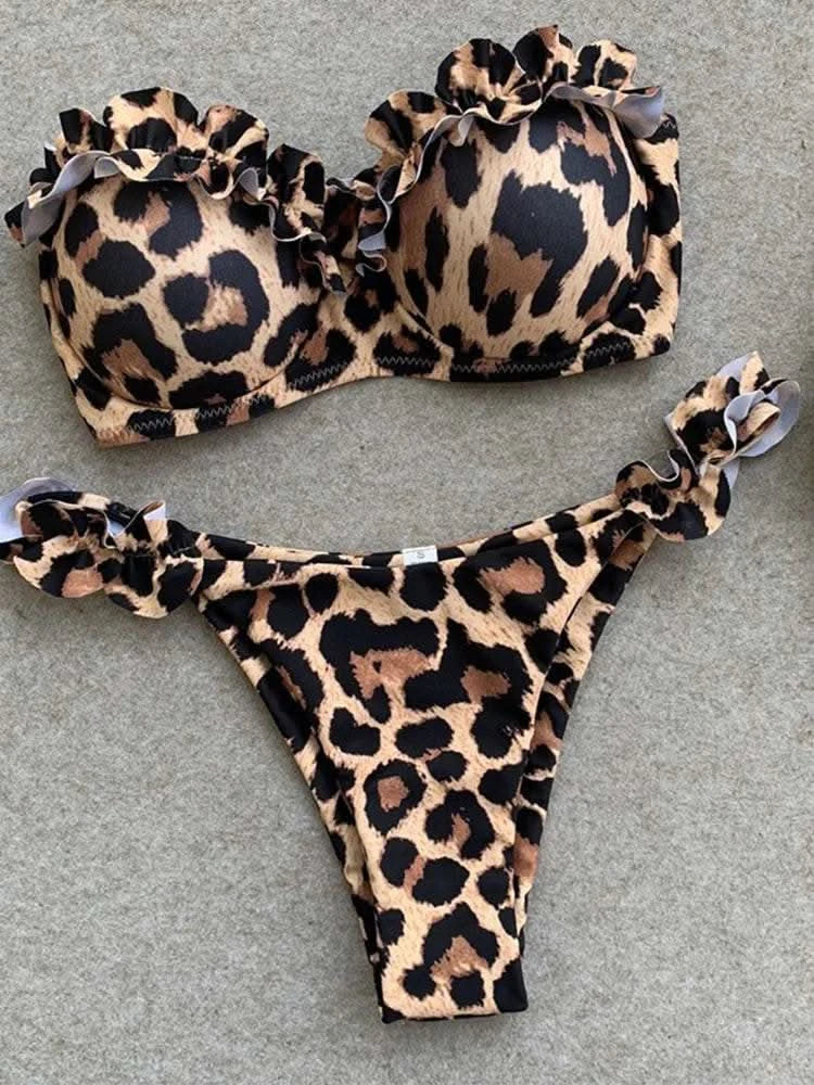 2025 New Summer Swimwear Bikini Set Sexy Leopard Strapless Bikini 2 Piece Set Women Split Swimsuit High Waist Beach Style Bikini - M & M Global