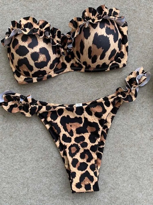 2025 New Summer Swimwear Bikini Set Sexy Leopard Strapless Bikini 2 Piece Set Women Split Swimsuit High Waist Beach Style Bikini - M & M Global