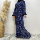 Muslim Women's dress Casual print bark crepe long dress Zipper collar long sleeves loose Muslim maxi dress - M & M Global