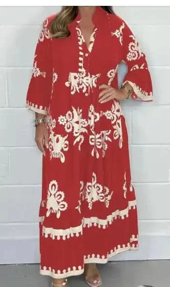 Women's Printed Loose Ethnic Retro Dress Spring Autumn V Neck Button A-Line Long Dress Summer 3/4 Sleeve Bohemian Maxi Dresses - M & M Global