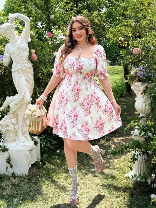 plus Size Spring Summer Vacation Romantic Vintage Print Butterfly Knot Bubble Sleeve Dress - M & M Global