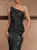 Luxury Skew-shouldered Applique Sequins Formal Evening Dresses Elegant Mermaid Maxi Sleeveless Party Cocktail Prom