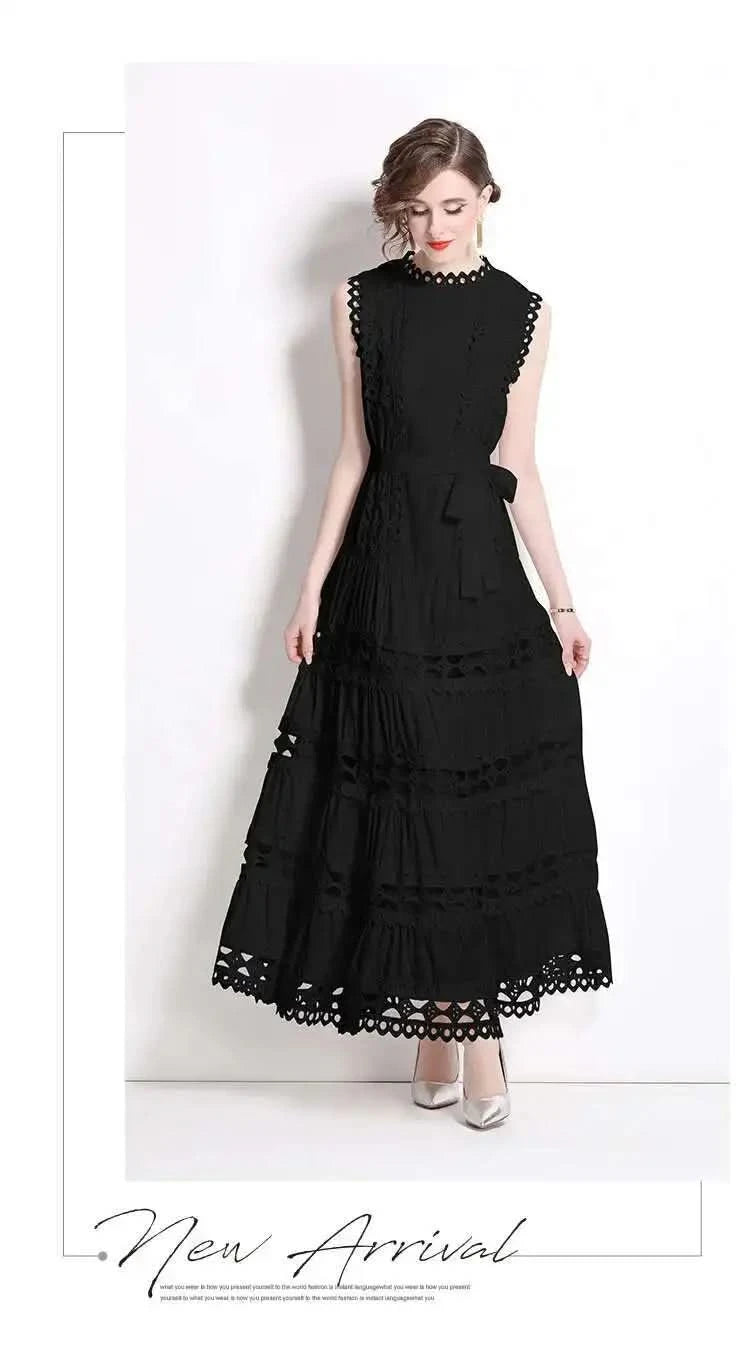 JAMERARY Designer New Summer Holiday White Embroidery Cotton Long Dress Women Sleeveless Midi Prom Evening Dresses Party Robe - M & M Global