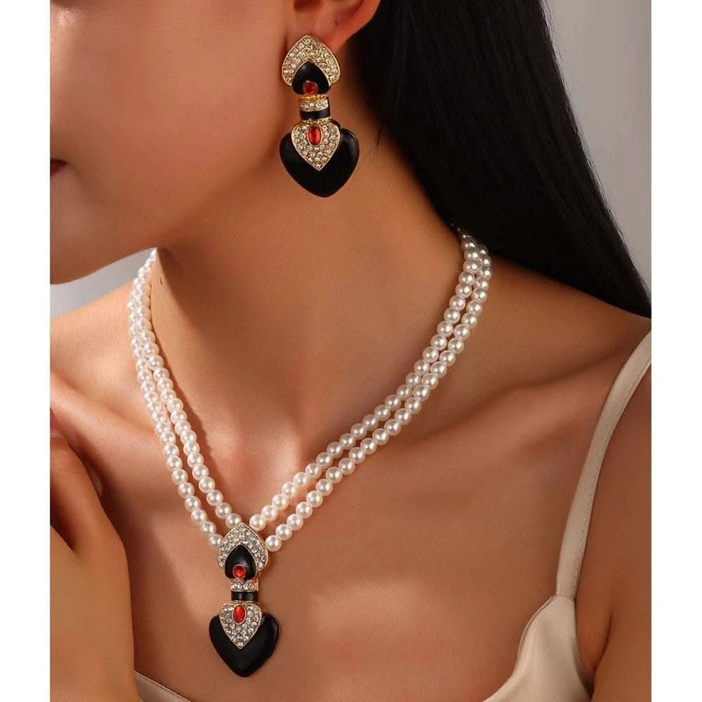 Bride Wedding Jewelry Set Elegant Enamel Rhinestone Love Imitation Pearl Beaded Necklace and Earrings Women's Party Accessories - M & M Global