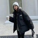 Y2K American Retro Fluffy Fur Collar Hooded Cotton Coat Women Solid Cream Winter Warm Slim Casual Jacket