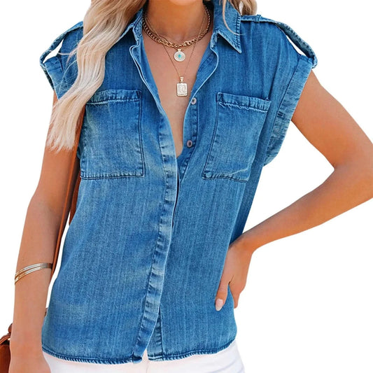 Elegant And Youthful Woman Blouses Summer Slimming Pure Color Retro Women'S Short Sleeve Denim Shirt Blusa Elegante Feminina - M & M Global