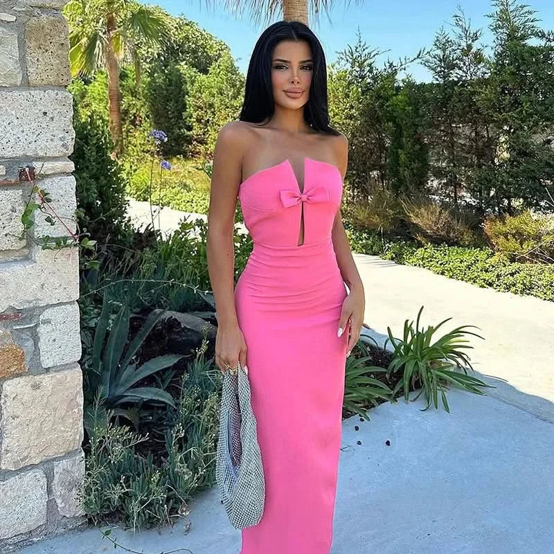 Tossy Tee Bow Off-Shoulder Slim Long Dress For Women Patchwork Fashion Elegant Hollow Out Backless Clothes Female Party Dress - M & M Global