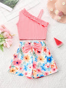 Girls Children Fashion Suit One Shoulder Top & Shorts Printed Floral Girl Summer Suspender Set Birthday Gift Fashion Suits - M & M Global