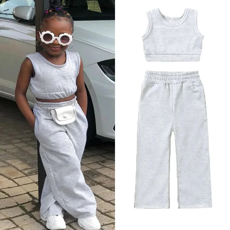 Fashion Kids Little Girls Clothing 2 Pieces Sets Cotton Solid Casual T-shirt+Elastic Waist Pants Young Children Outfits 1-6Y - M & M Global