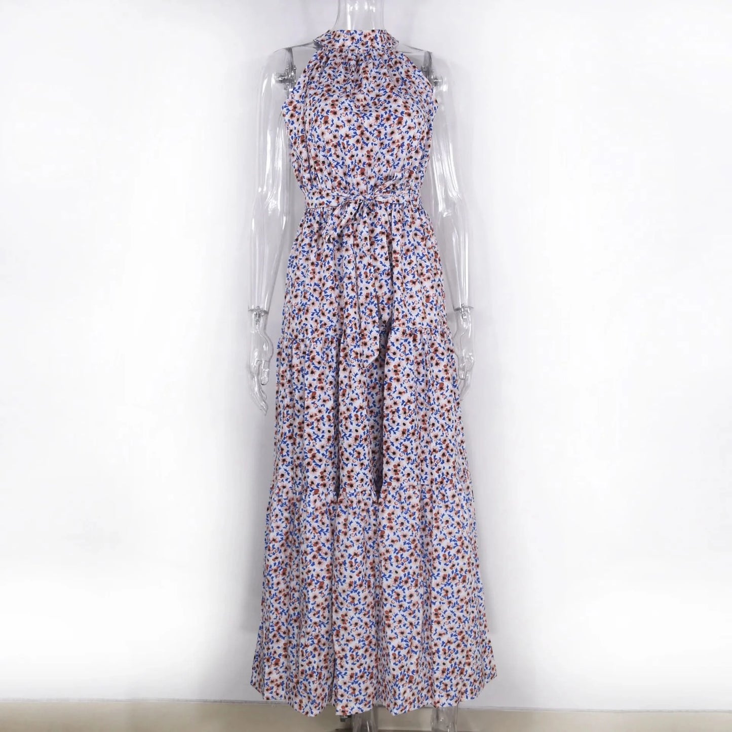 Summer Floral Print Halter Neck Dresses For Women Sleeveless Leace-up Long Dress Casual Beach Holiday Vestidos Female Clothing - M & M Global