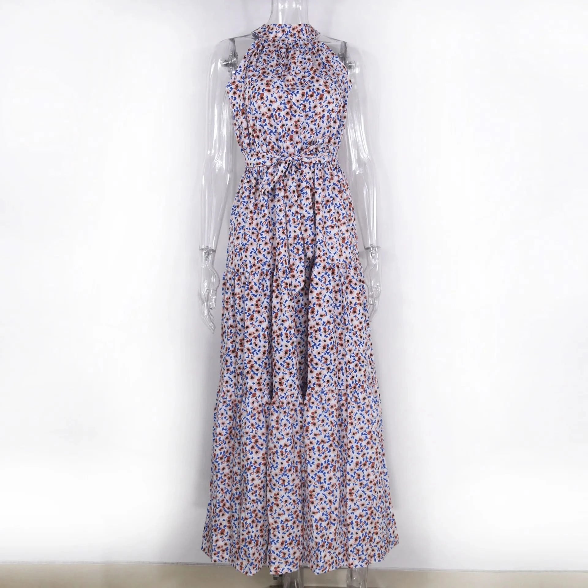 Summer Floral Print Halter Neck Dresses For Women Sleeveless Leace-up Long Dress Casual Beach Holiday Vestidos Female Clothing - M & M Global