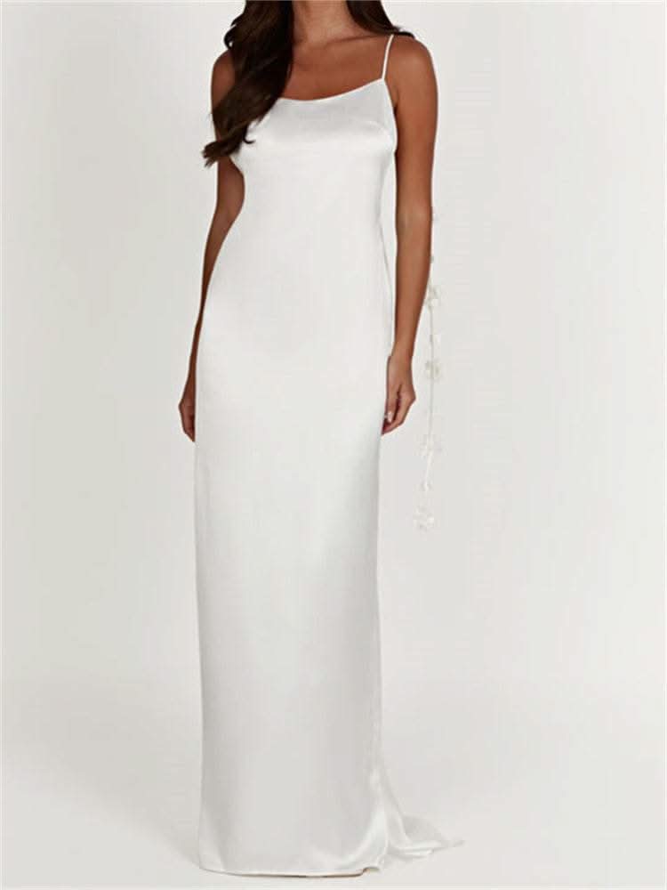 CHRONSTYLE Satin Backless Spaghetti Strap Long Dress for Women Sexy Backless 3D Flower Tassels Dress Party Cocktail Y2K Vestidos - M & M Global