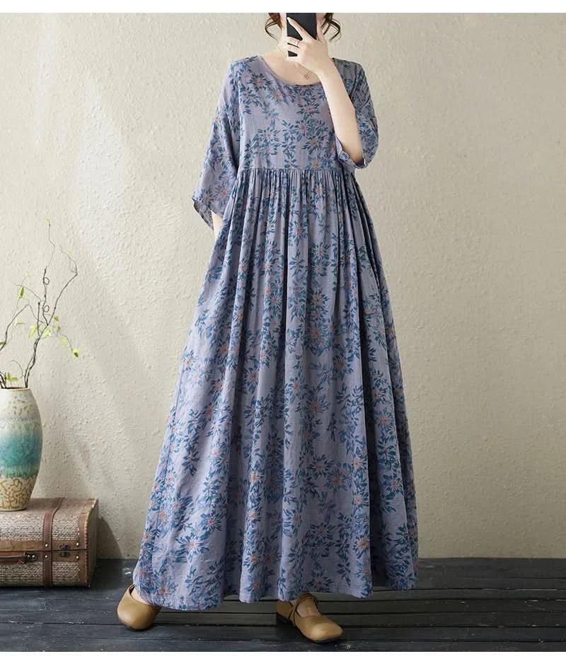 Oversized Summer Long Dress Women Floral Print Fashion Short Sleeve Ladies Dresses Casual Loose Ruffle Pleated Woman New Dress - M & M Global