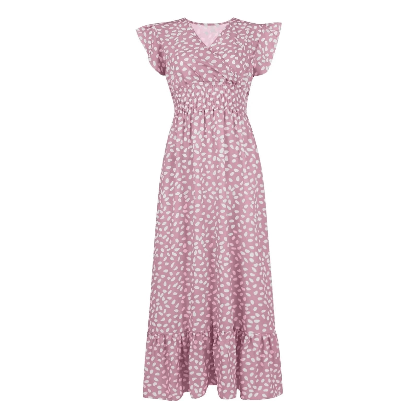 Polka Dot Dress For Women Sexy V-Neck Long Dress Casual And Fashionable Ruffle Edge Short Sleeved High Waisted Dress - M & M Global
