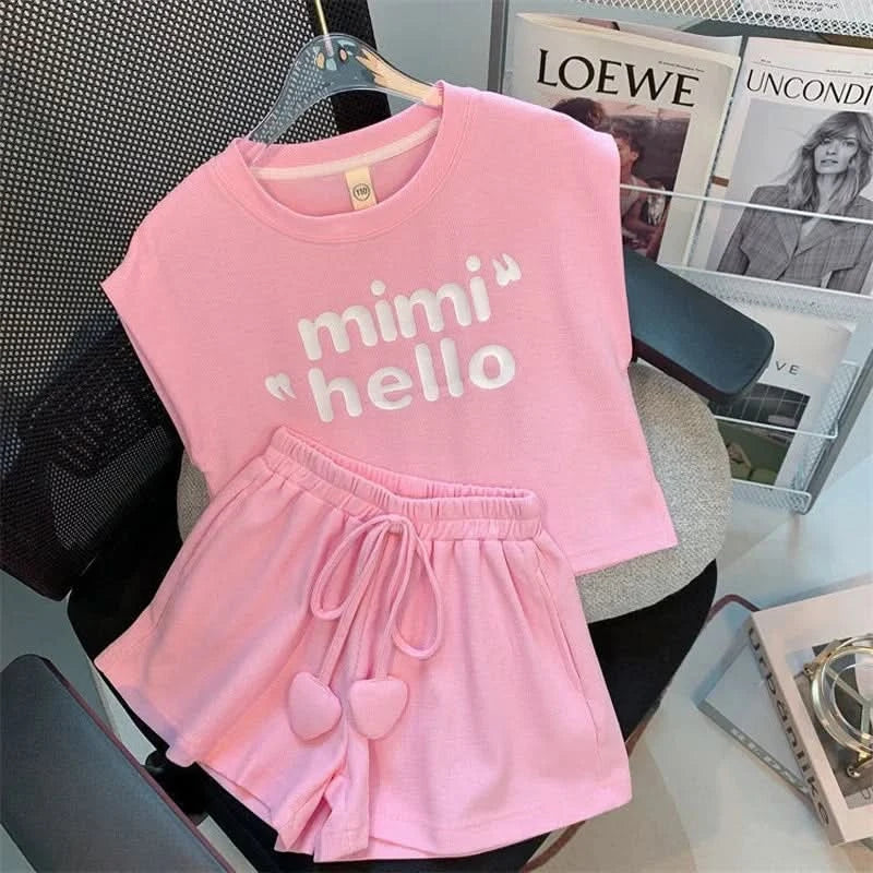New 4 -14 Years  Summer Girls Clothing Set Letter Print Sleeveless T-shirt + Heart Shorts Pants 2pcs Suit Kids Leisure Outfit - M & M Global