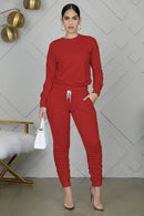 New round Neck Long Sleeve Slim Fit Warm Top Elastic Waistband Lace-up Trousers Simple Solid Color Sports Two-Piece Set