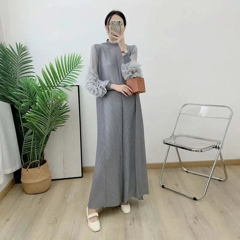 ANLAN Miyake Pleated Maxi Long Dress Mesh Petal Sleeve Half Turtleneck Formal Dresses for Women 2024 New Hot Sales 6KK9927 - M & M Global