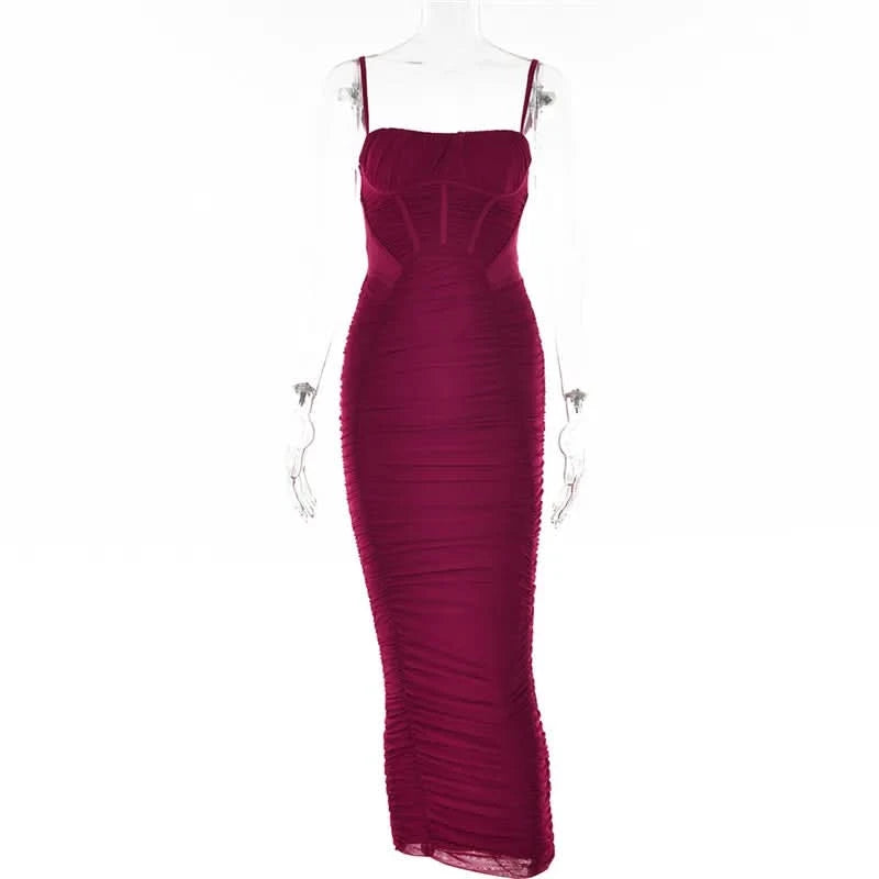 Mozision Elegant Corset Ruched Maxi Dress Women Fashion Spaghetti Strap Sleeveless Backless Zipper Long Dress Vestido - M & M Global