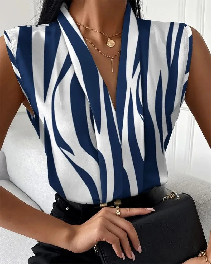New Women's Office Shirts Summer Lady Sleeveless V-neck Print Elegant Women Blouse Top Streetwear Female Clothing - M & M Global