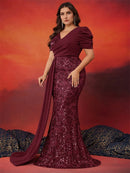 Plus Size Elegant Short Sleeve Sequins Formal Evening Dresses Women Luxury Mermaid Wedding Party Bridesmaid Gowns