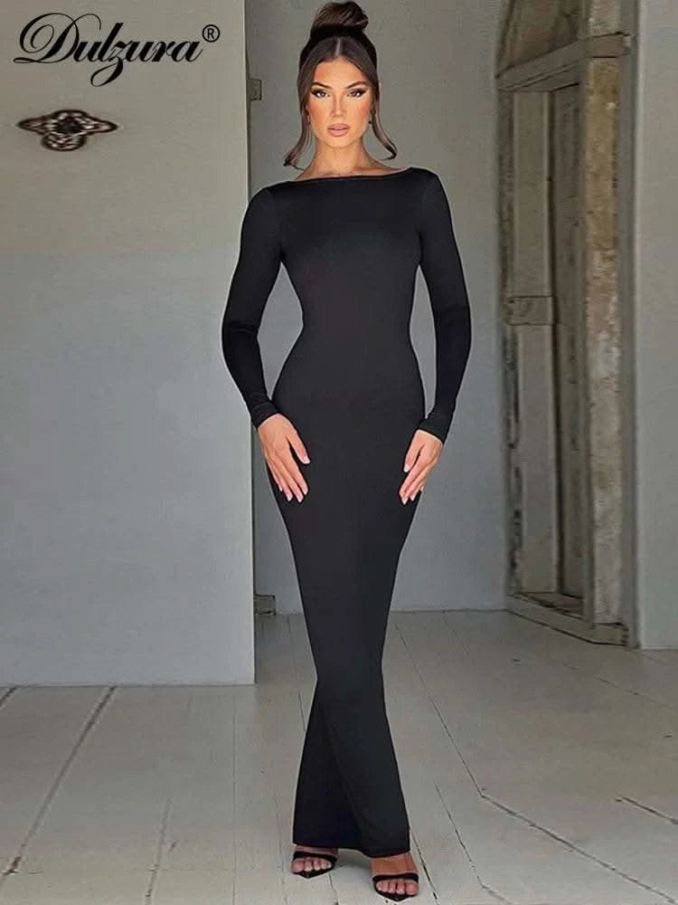 Dulzura O-Neck Long Sleeves Ruched Backless Maxi Dress Solid Sexy Elegant Long Dress Women’S Party Prom Clubwear Autumn Winter - M & M Global