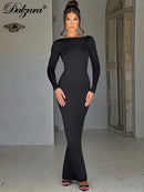 Dulzura O-Neck Long Sleeves Ruched Backless Maxi Dress Solid Sexy Elegant Long Dress Women’S Party Prom Clubwear Autumn Winter - M & M Global