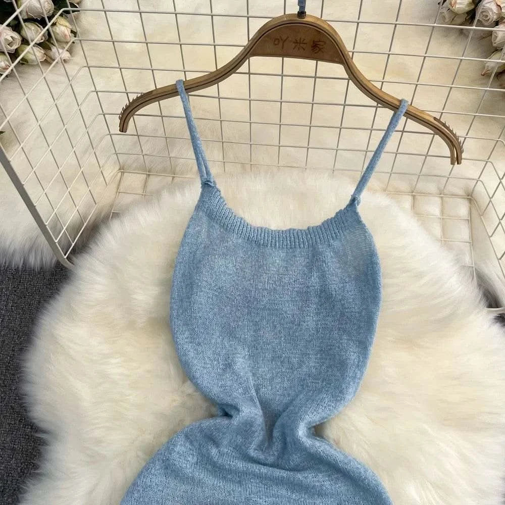 Blue/purple Summer Knit Sexy Strap Dress Women Tank Elatic Waist Bodycon Sundress Female Beach Split Backless Maxi Long Dress - M & M Global