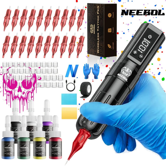 Wireless Tattoo Machine Kit Complete, Cordless Tattoo Gun, 1600mAH Battery, Large Battery,  Tattoo Pen Set, 20 Needle supply - M & M Global