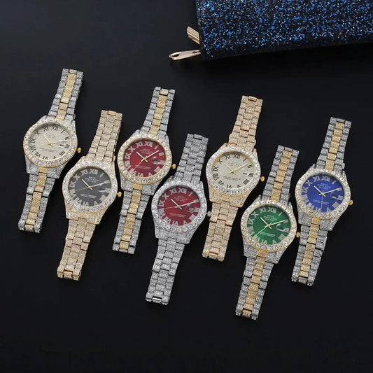Hip Hop Iced Out Men Watch Full AAA Rhinestone Around Luxury Quartz Watches Round Clock Unisex Wrist Watch Gift For Boyfriend - M & M Global