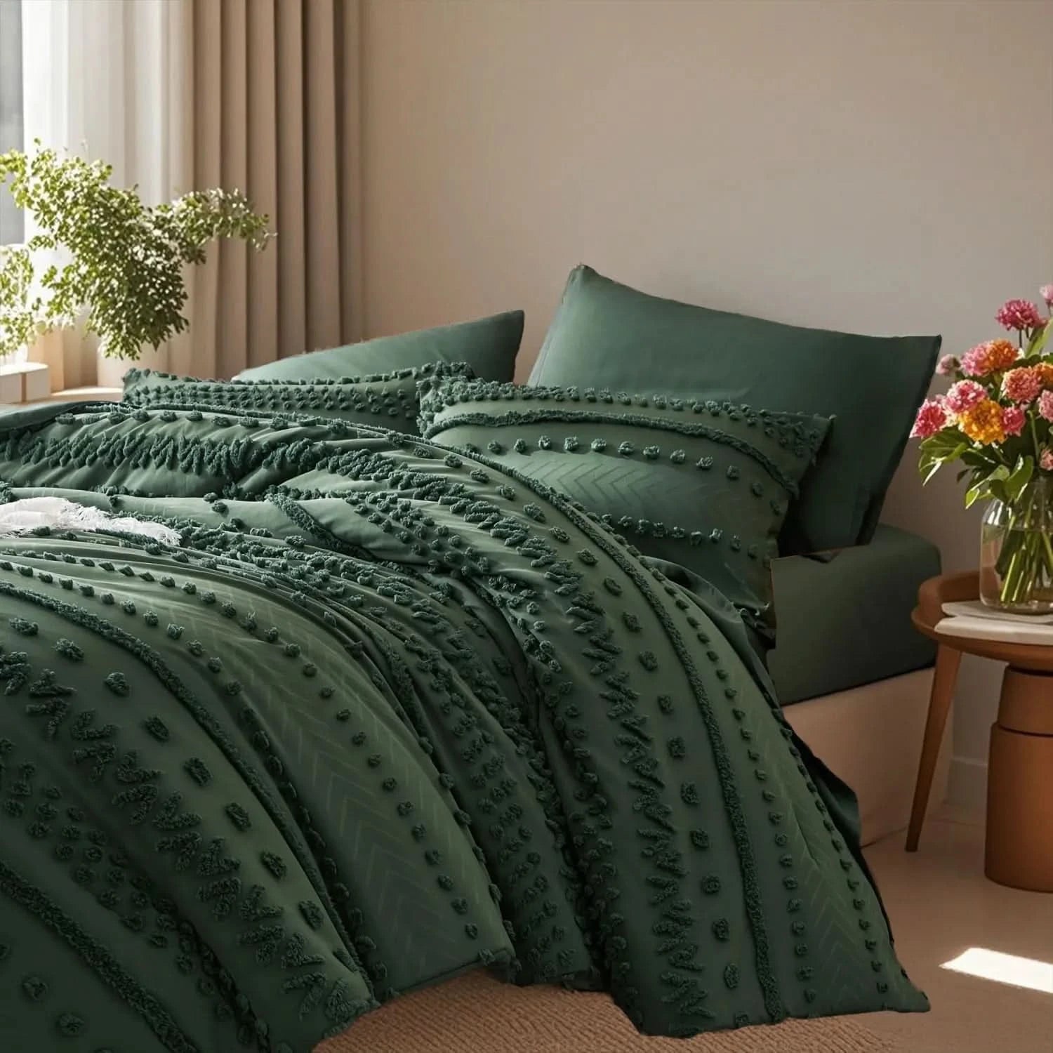 Green textured bedding set on a bed in a bedroom with a side table and plant.
Queen size bedding set

Tufted comforter set

Microfiber bed set

Luxury bedding gift

All-season quilt set

Soft and cozy bed set

Hypoallergenic bedding

Easy care bedding

Full queen bed ensemble