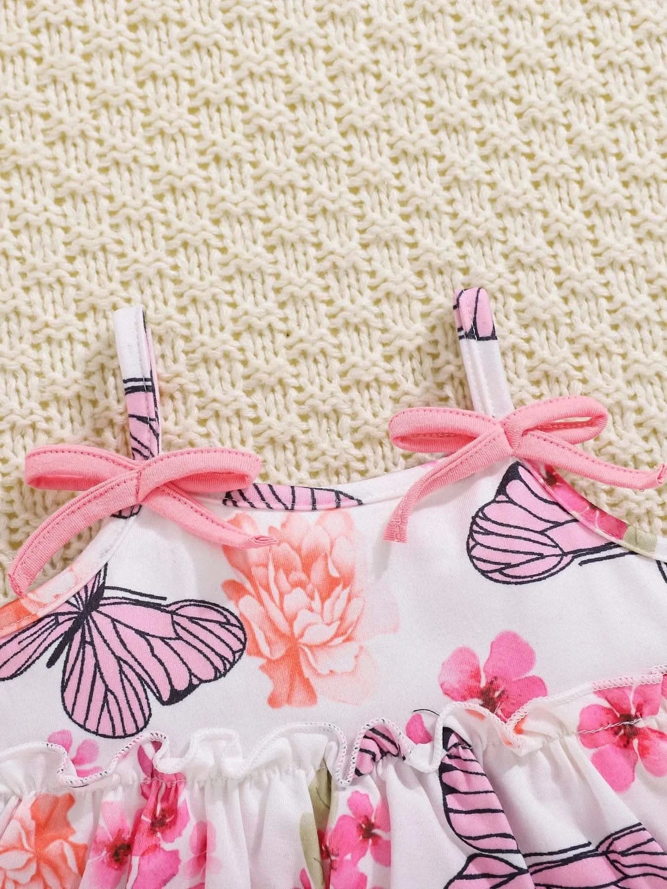 3-piece baby baby girl butterfly print halter top with bow embellish shorts headscarf set - M & M Global