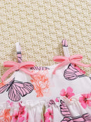 3-piece baby baby girl butterfly print halter top with bow embellish shorts headscarf set - M & M Global