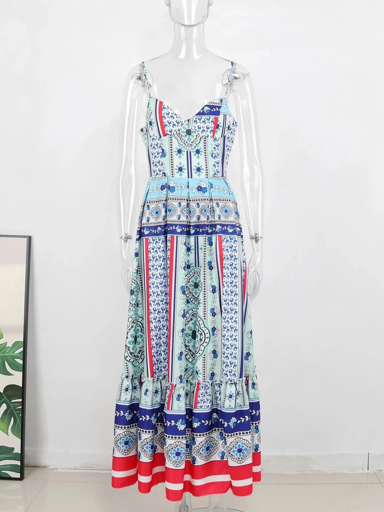 Summer Print Long Dress Women Clothing Lace Up Sling Party Dresses Pattern Strappy Ladies Hollow Out V-Neck Beach Vestidos - M & M Global
