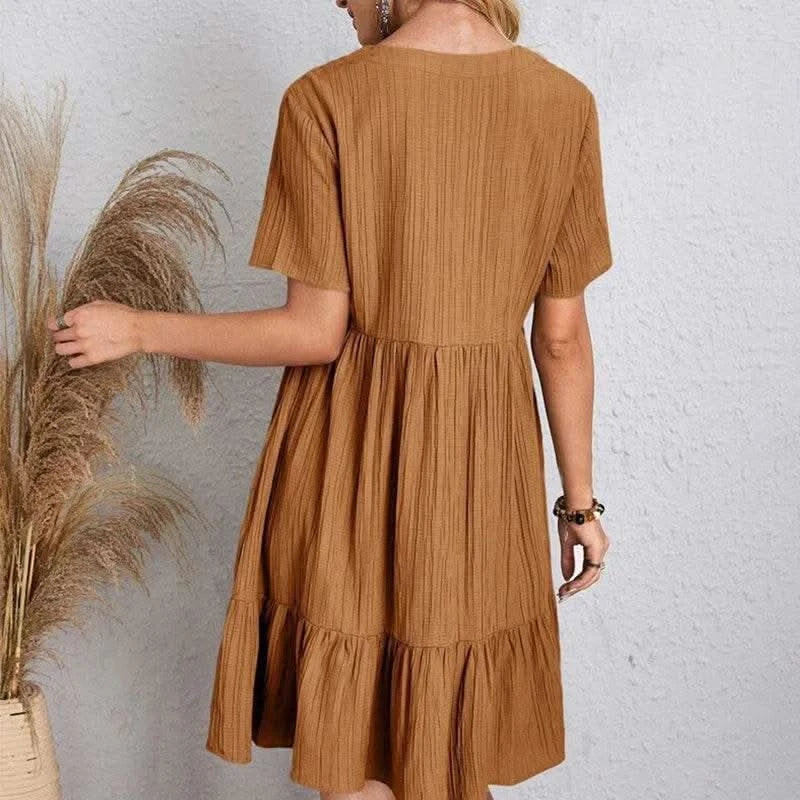 2025 Loose V-neck Short Sleeved Pleated Women Dress Solid Color A-line Beach Dresses Elegant Simple Comfortable Woman Clothing - M & M Global